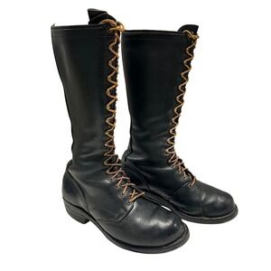 Vintage Mens Black Leather Tall Lace Up Lineman Work Boots Vibram Sole Sz 8.5